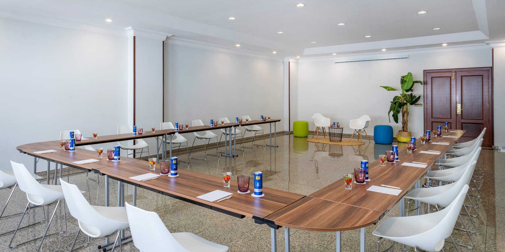 a room with tables and chairs