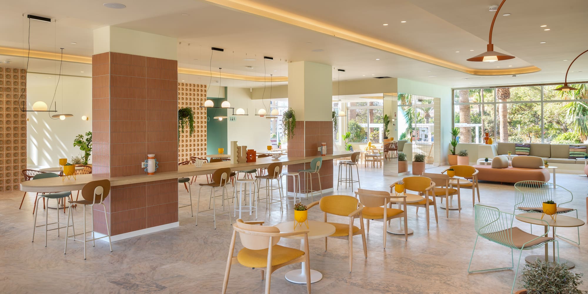 a room with tables and chairs