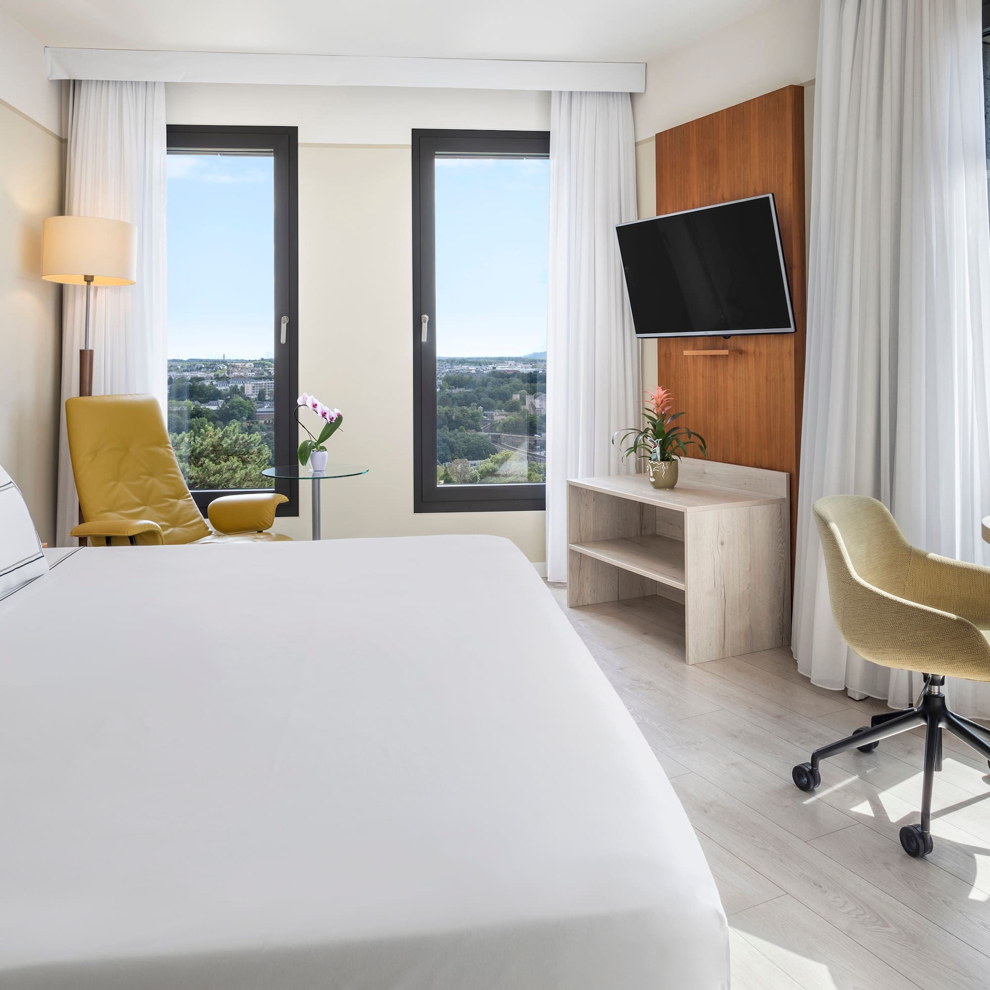 a room with a bed and a television