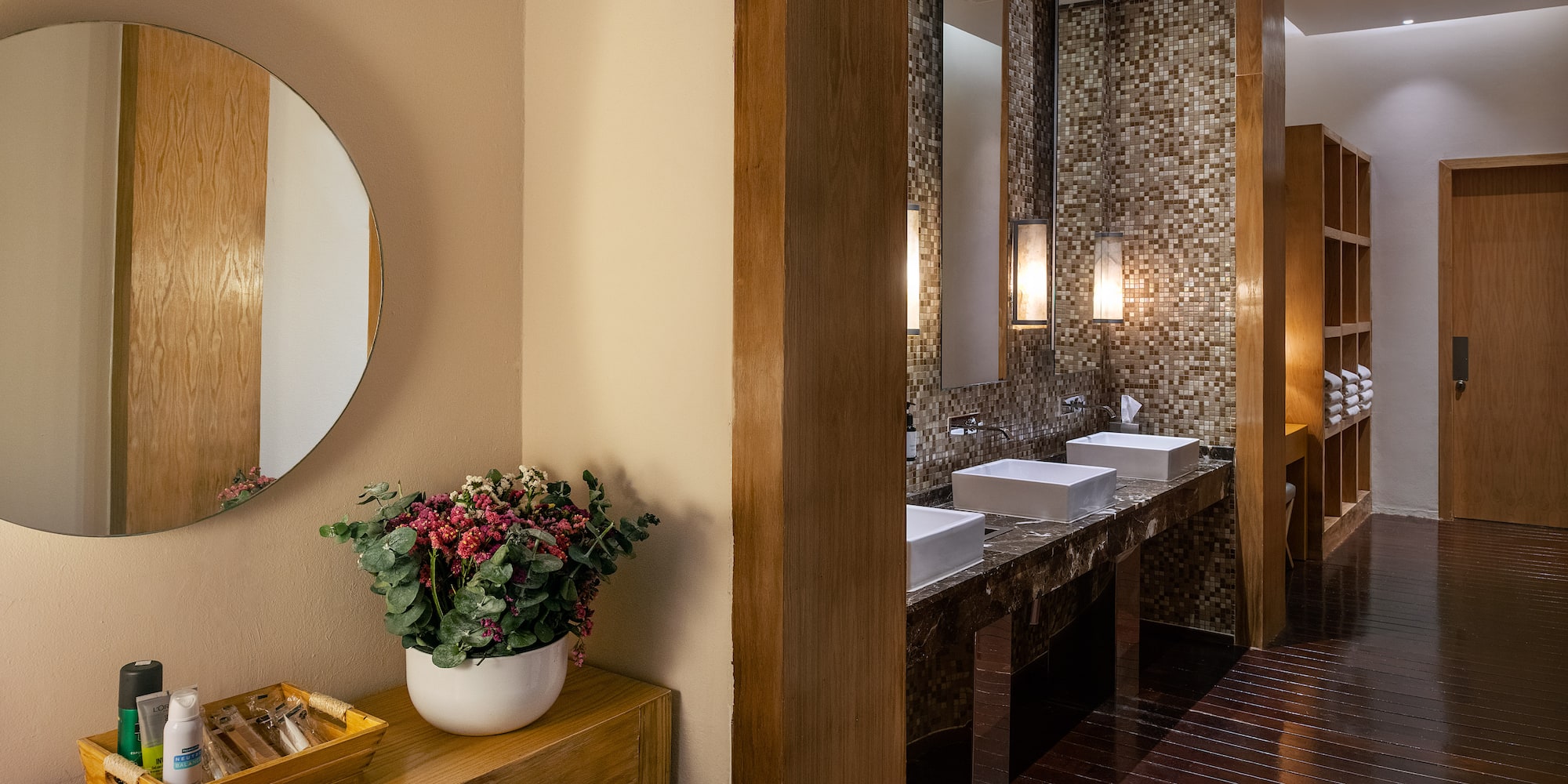 a bathroom with a mirror and sink