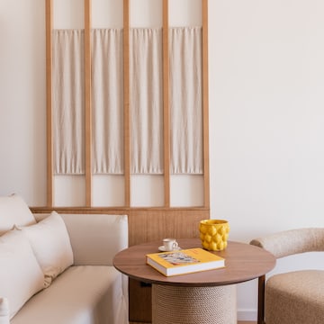 a table and chair in a room