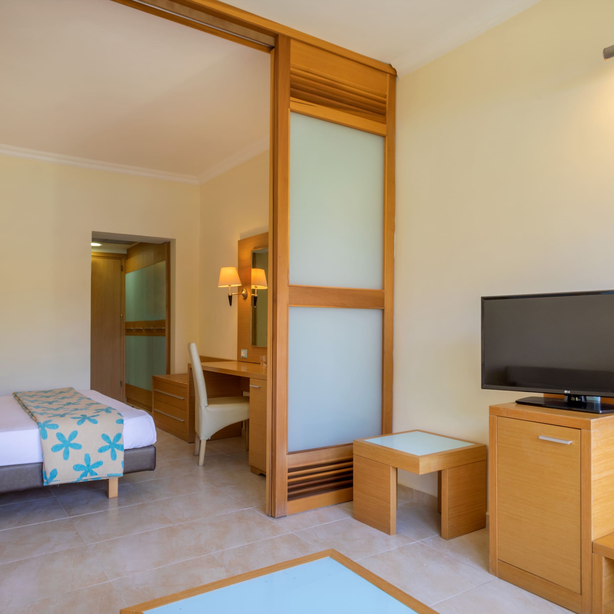 a room with a bed and a television