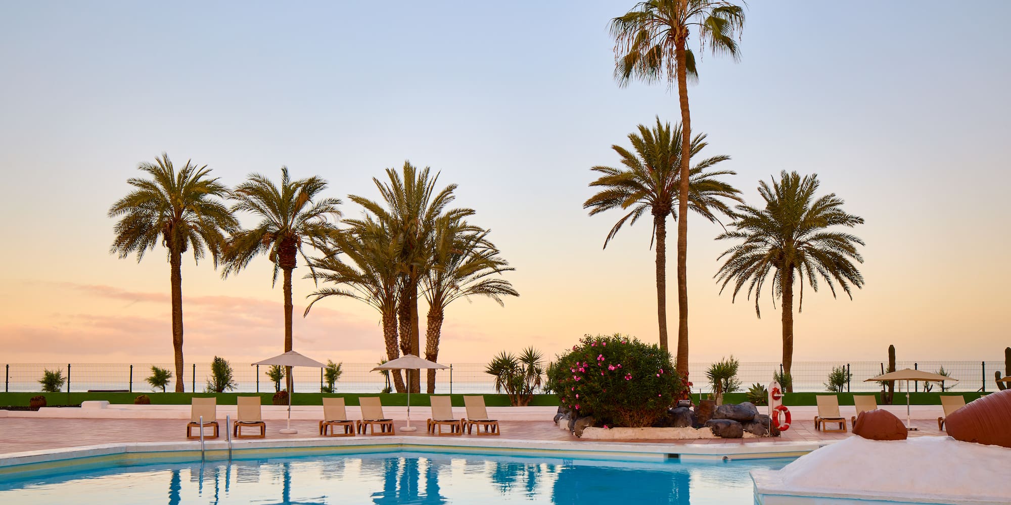a pool with palm trees and a pool in the background