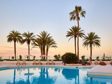 a pool with palm trees and a pool in the background