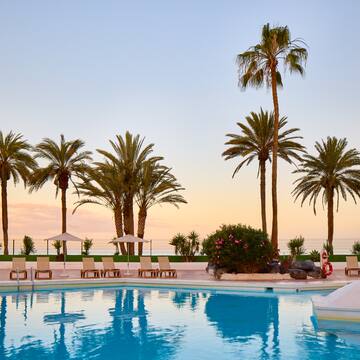 a pool with palm trees and a pool in the background