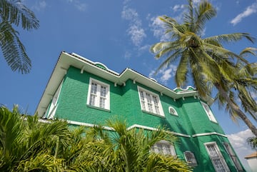 a green house with palm trees