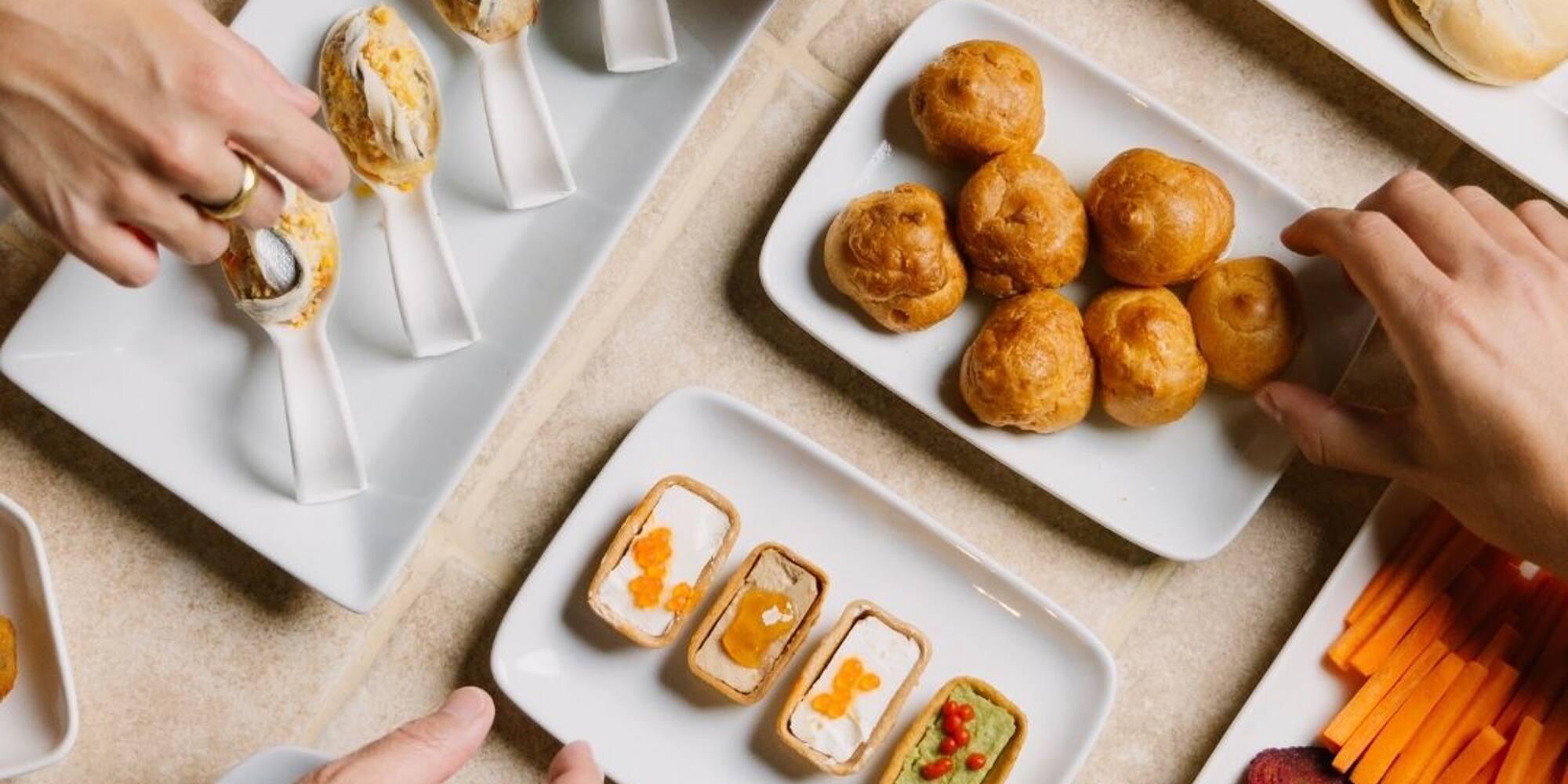 a group of people eating food