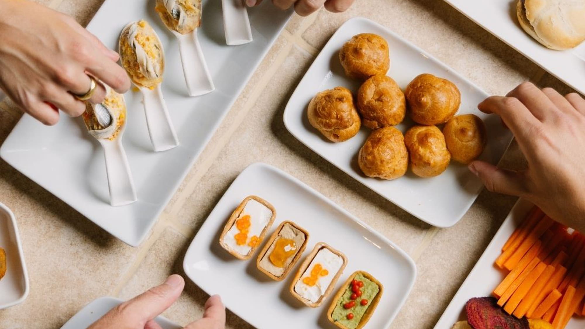 a group of people eating food