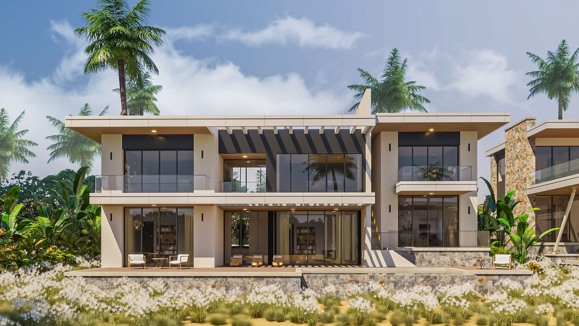 a building with a beach and palm trees