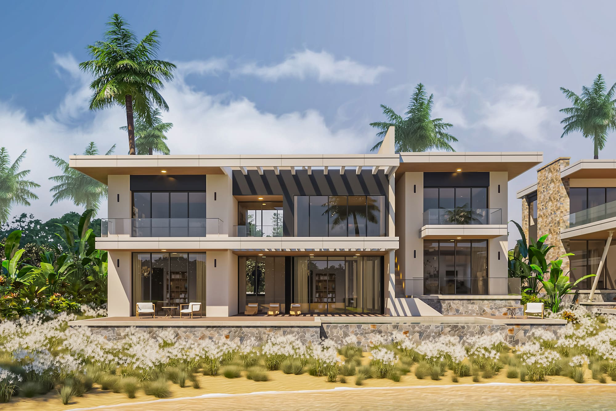 a building with a beach and palm trees