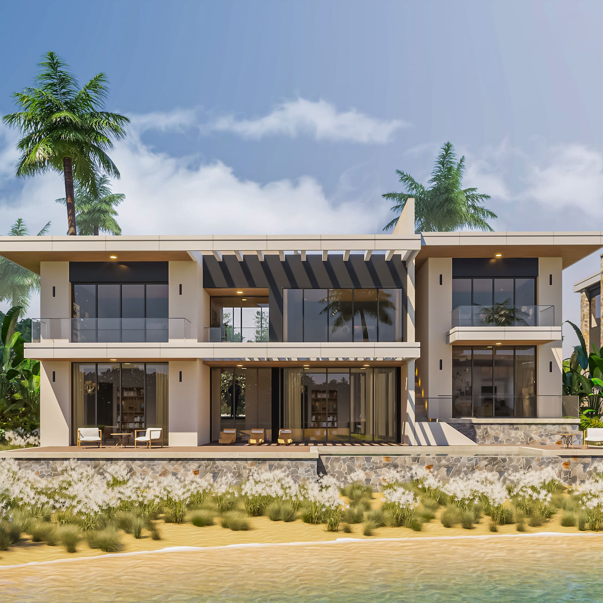 a building with a beach and palm trees