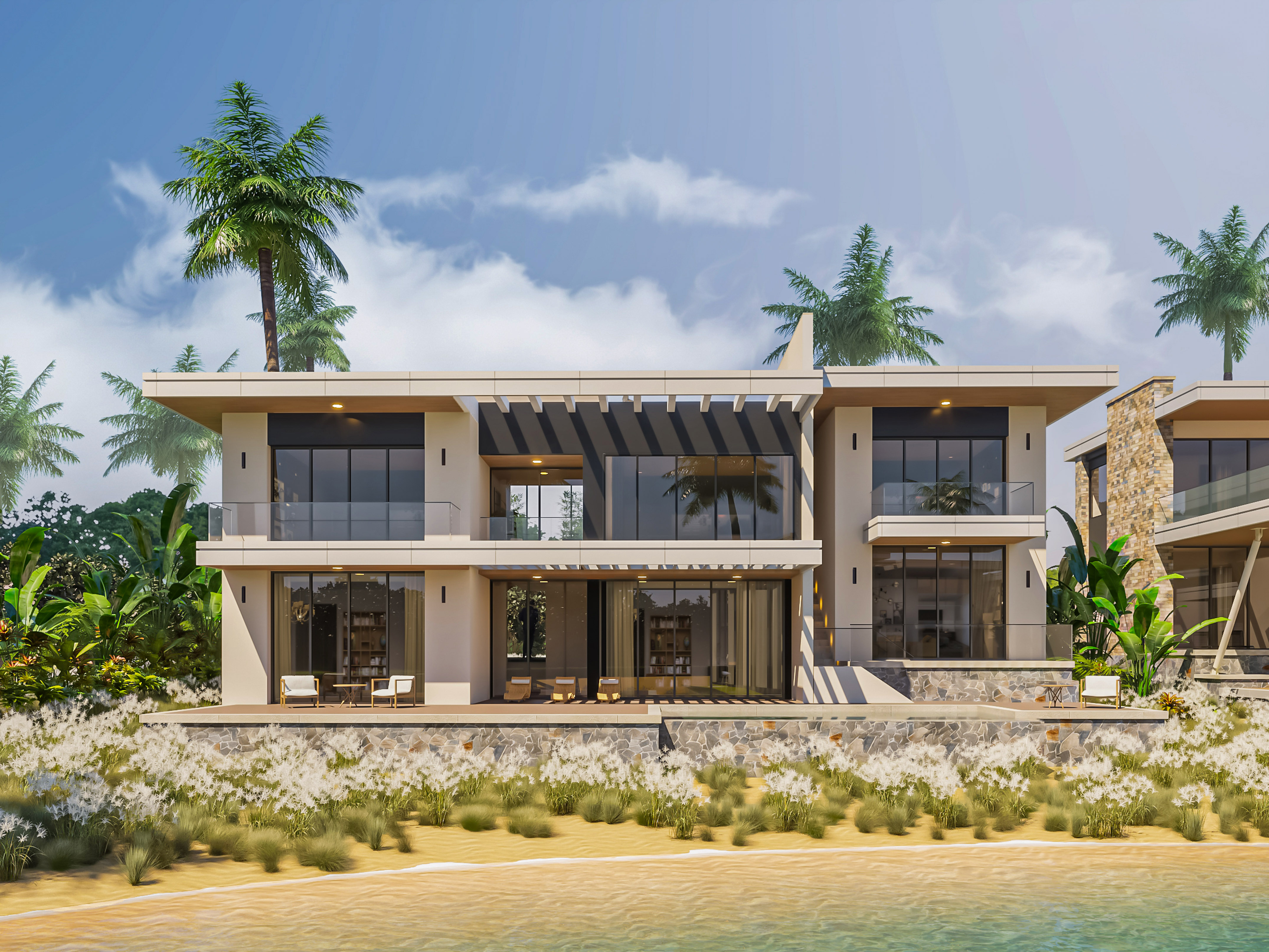 a building with a beach and palm trees