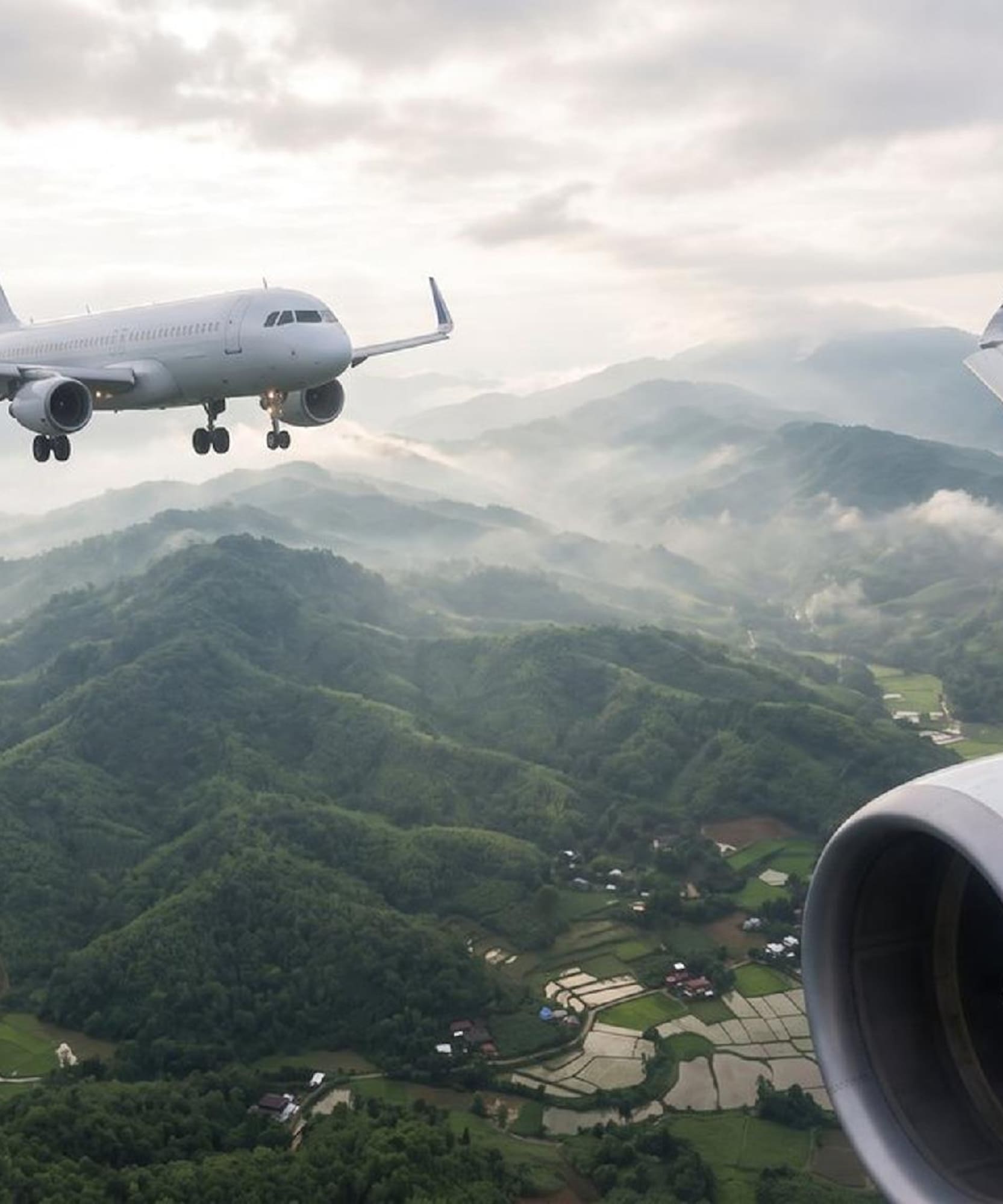 Two airplanes flying over green misty mountains and valleys.
