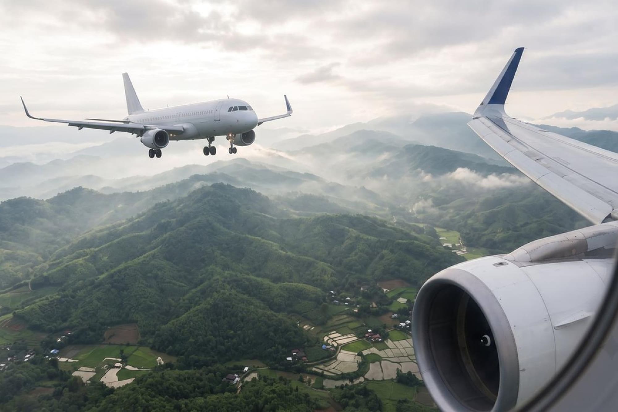 Two airplanes flying over green misty mountains and valleys.