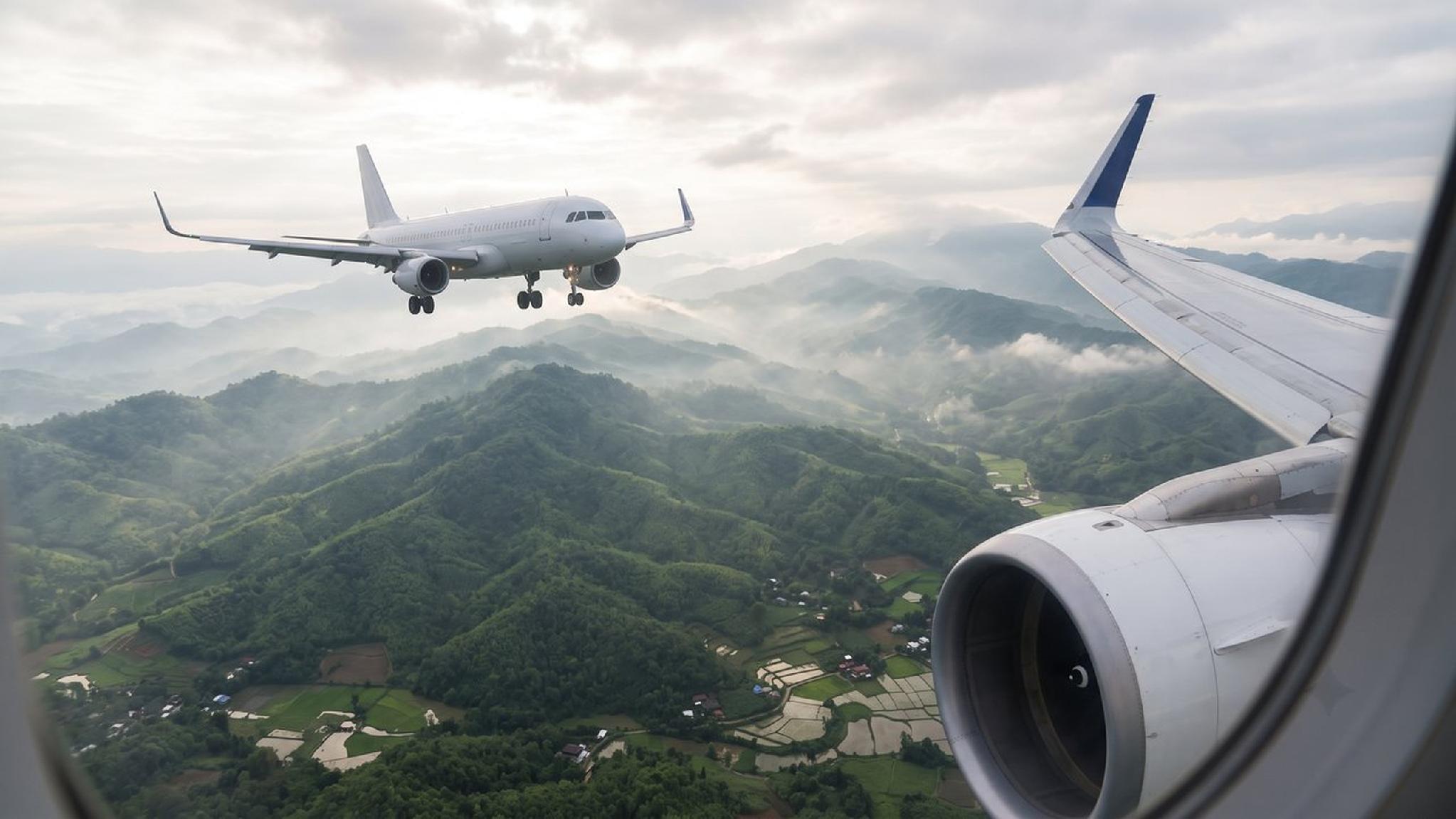 Two airplanes flying over green misty mountains and valleys.