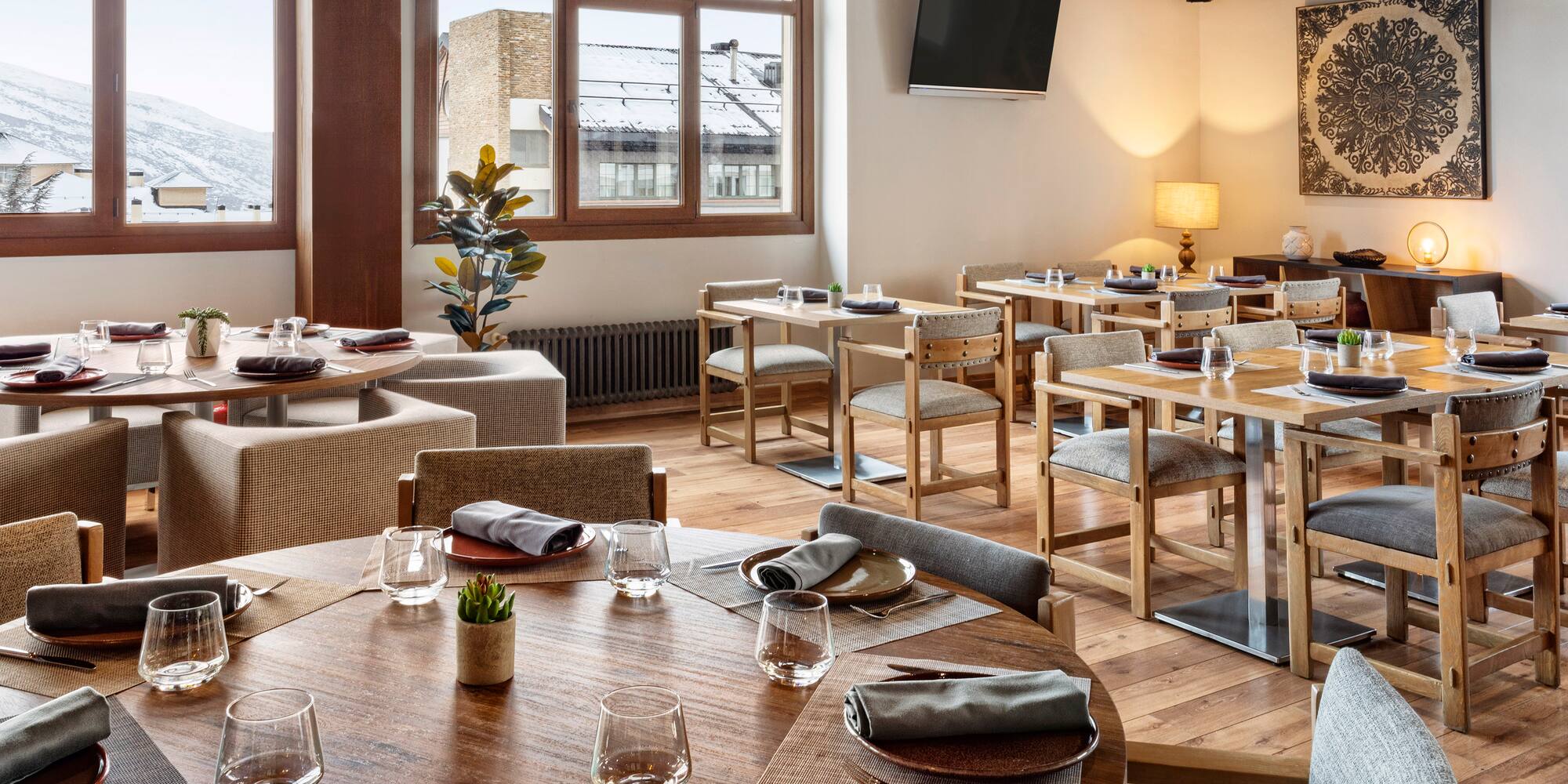 a room with tables and chairs