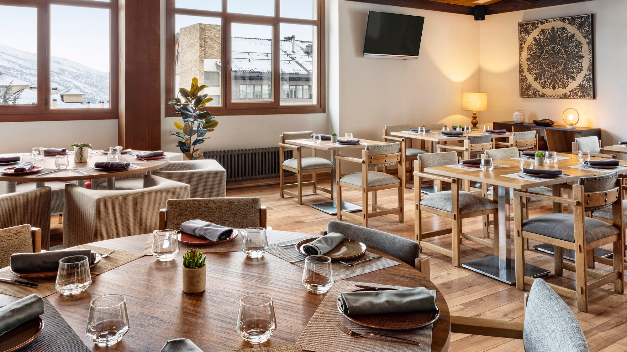 a room with tables and chairs