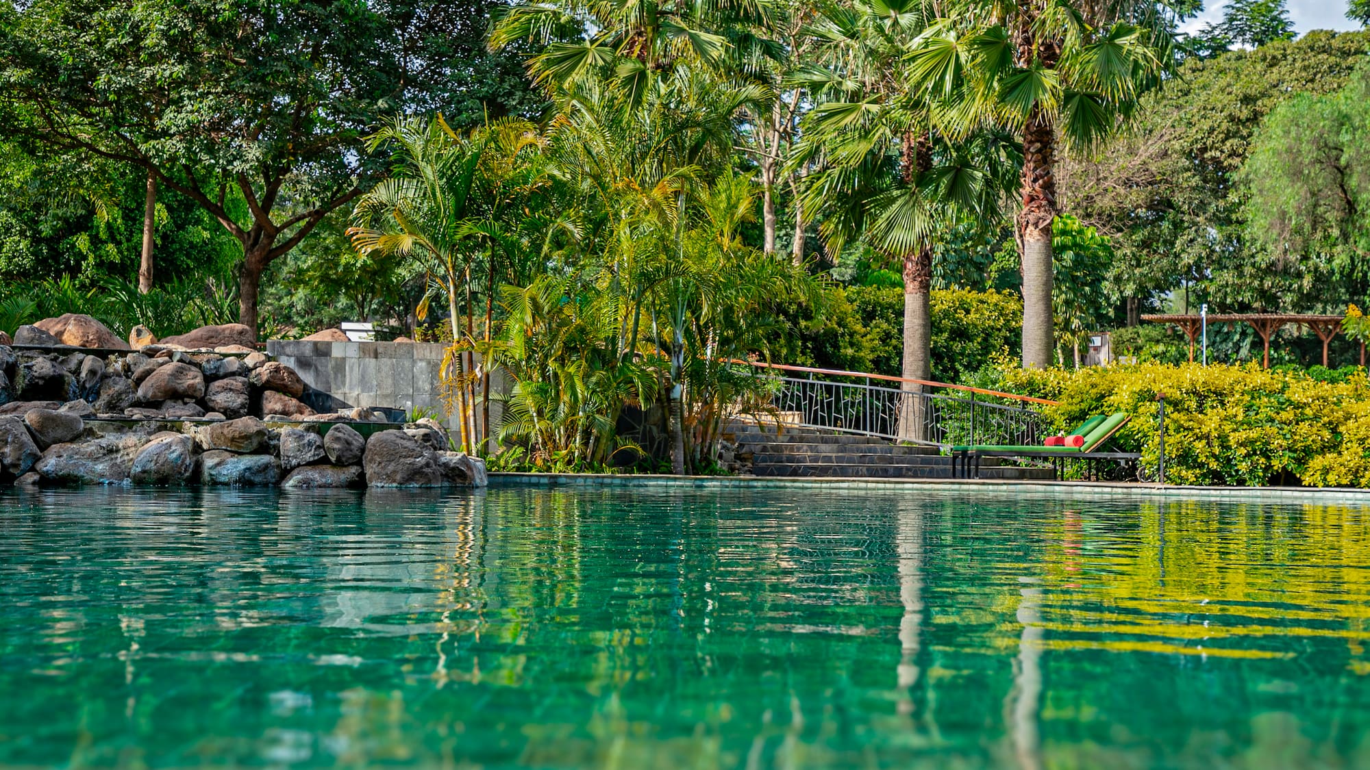 a pool with palm trees and a stone staircase