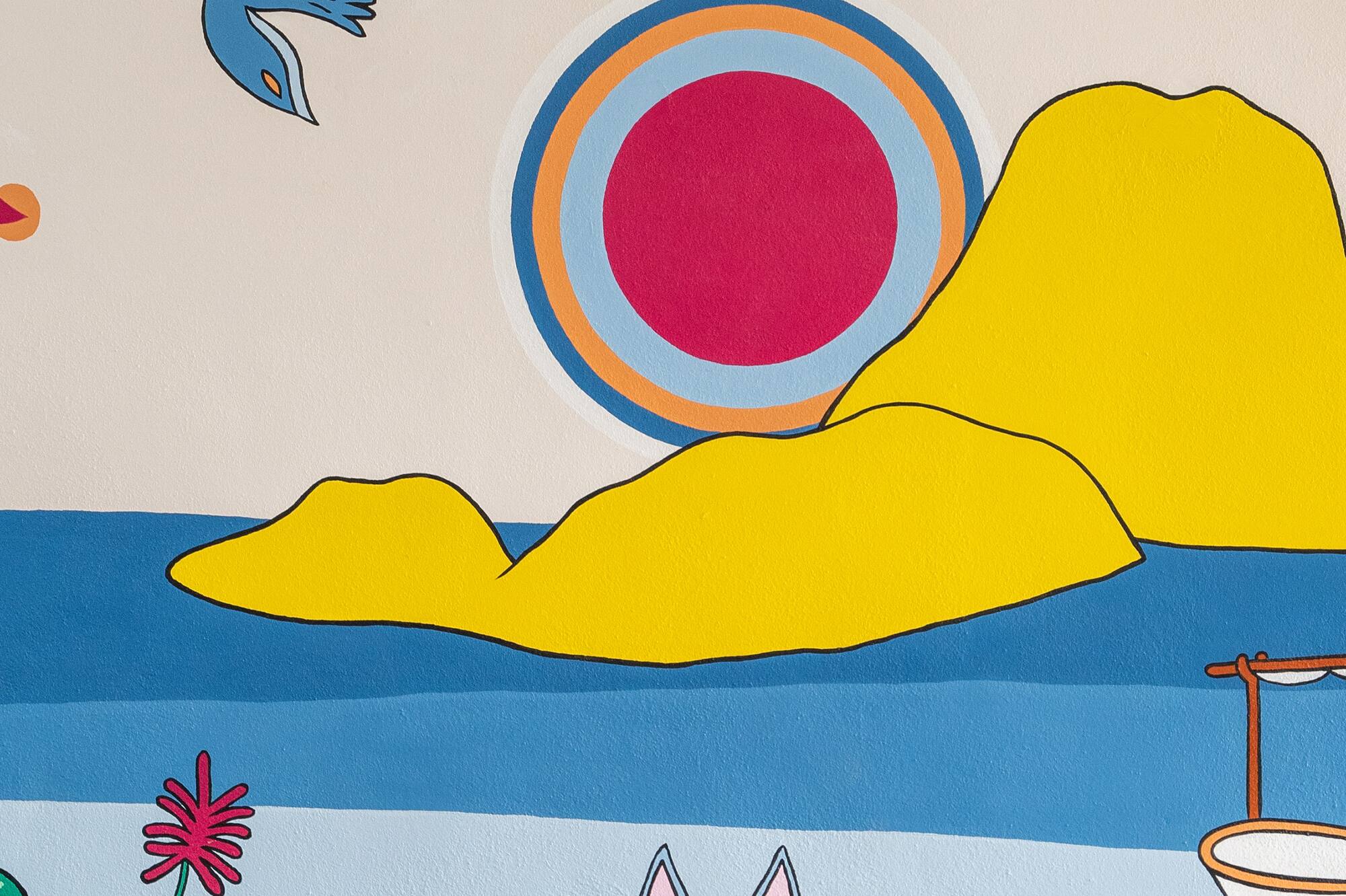 Colorful Ibiza mural: blue birds, yellow mountains, sun, boat, Ibizan Hound.