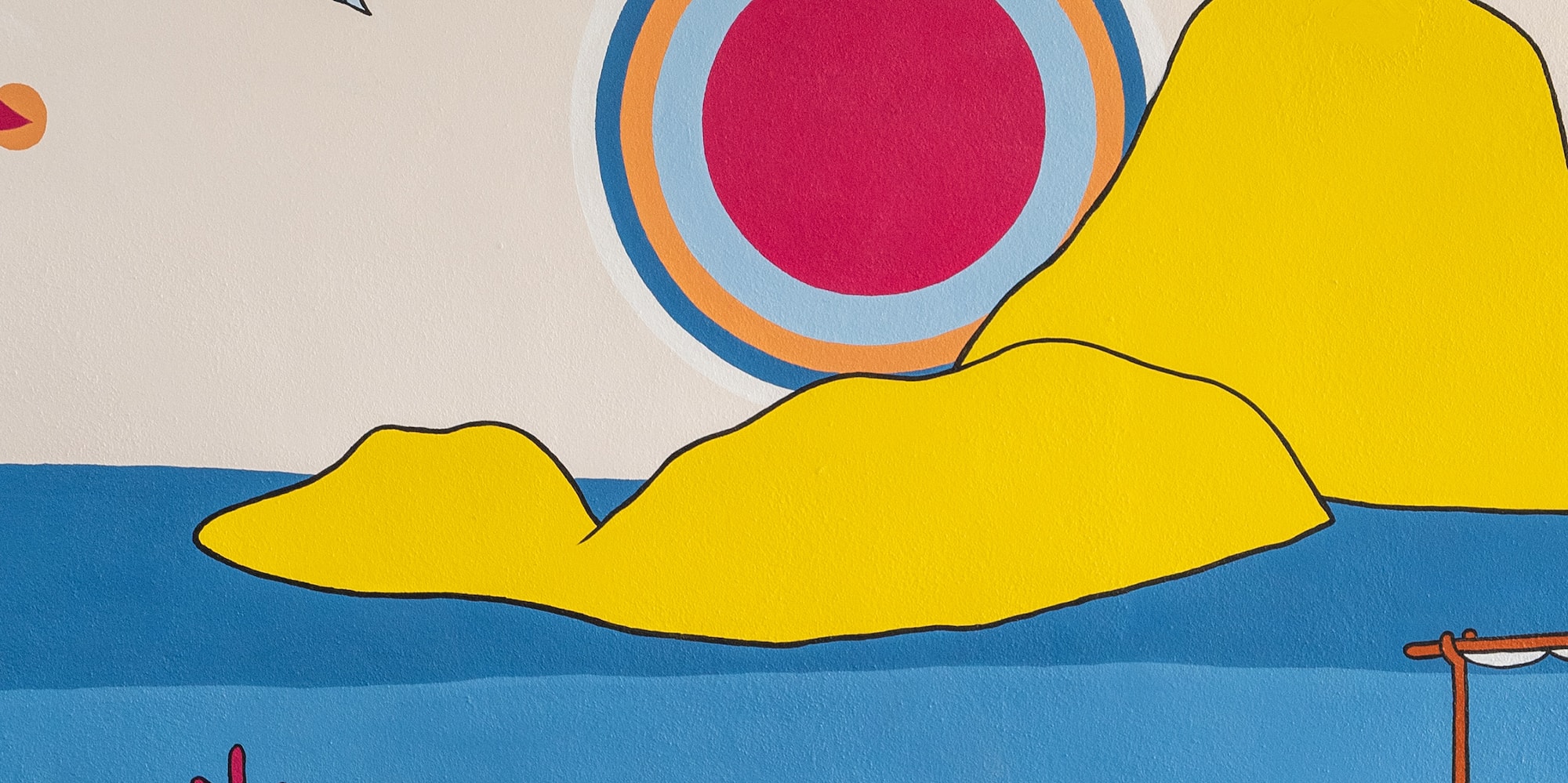 a drawing of a beach with a dog and a boat