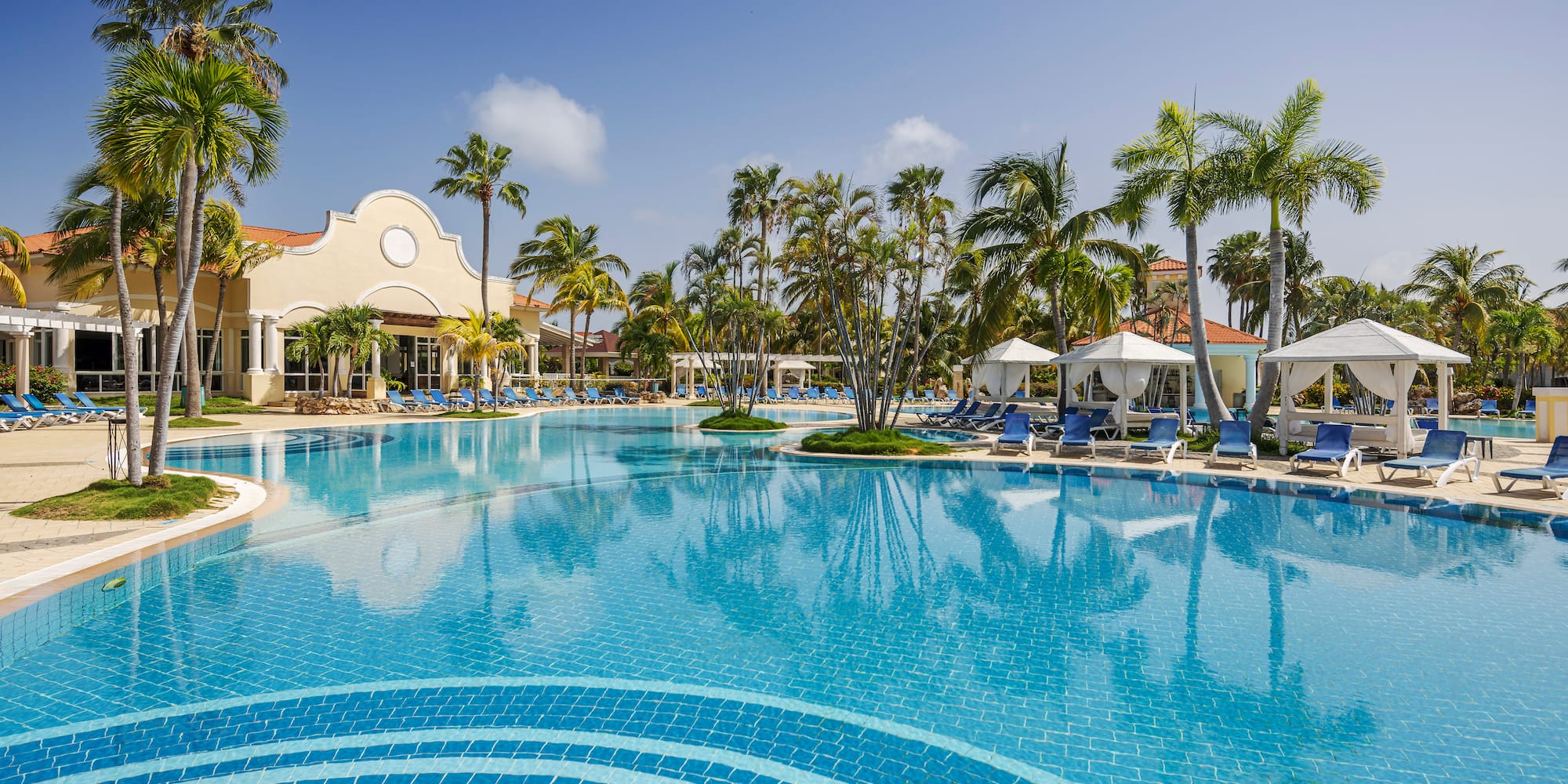 a pool with palm trees and a building