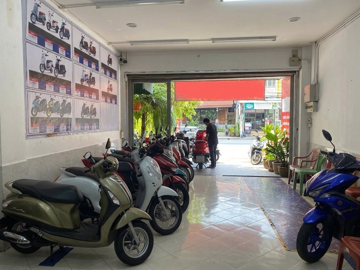 Motorbike showroom: new scooters on display, person working at entrance.