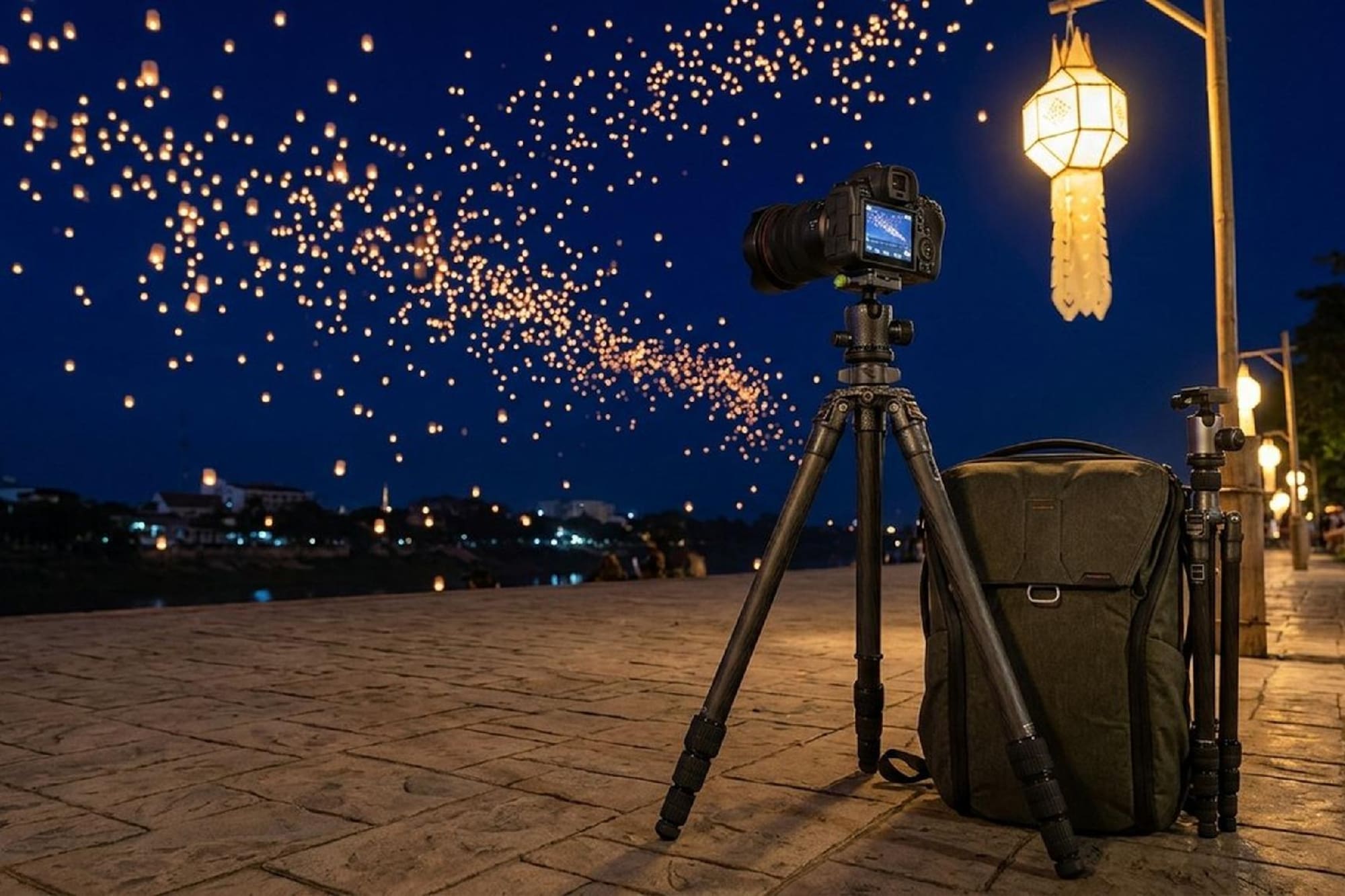 Camera, tripod, bag setup photographing a sky lantern festival at night.