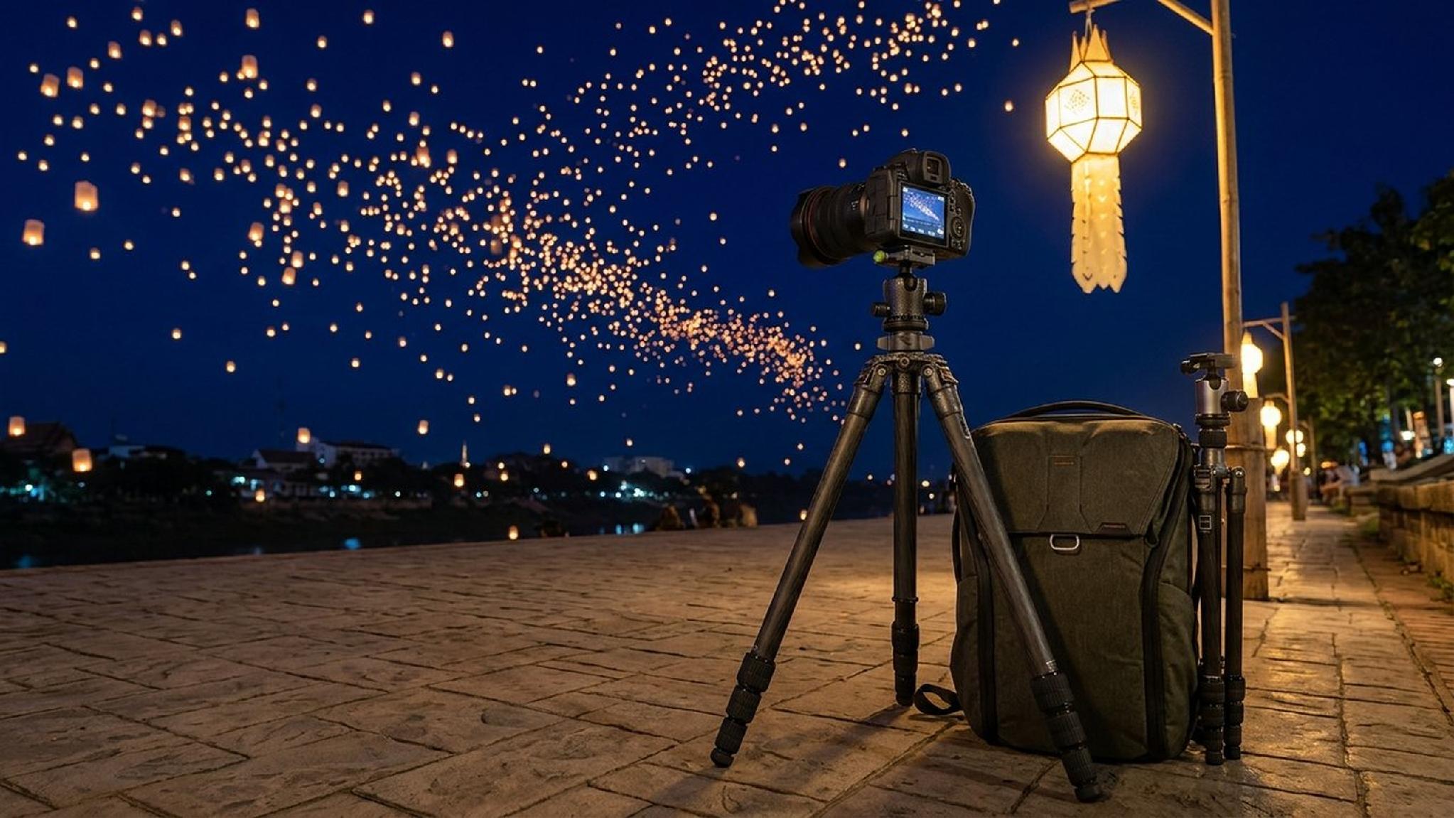Camera, tripod, bag setup photographing a sky lantern festival at night.