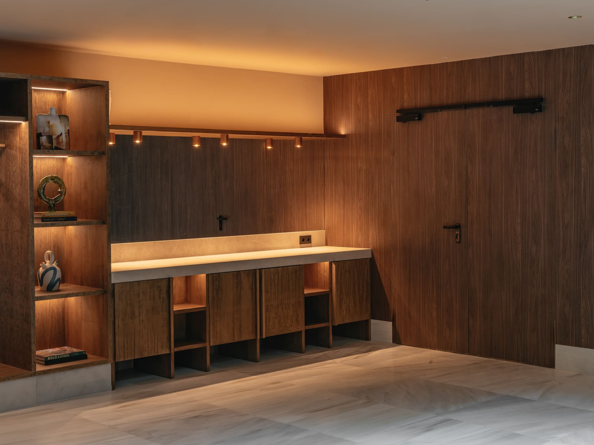 a room with a door and shelves