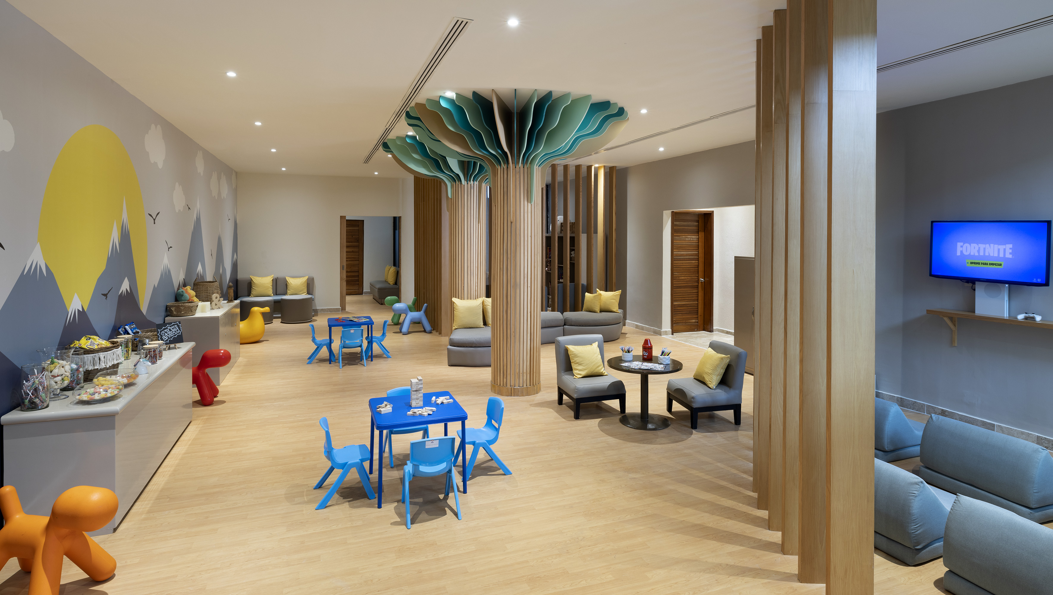 a room with a table and chairs