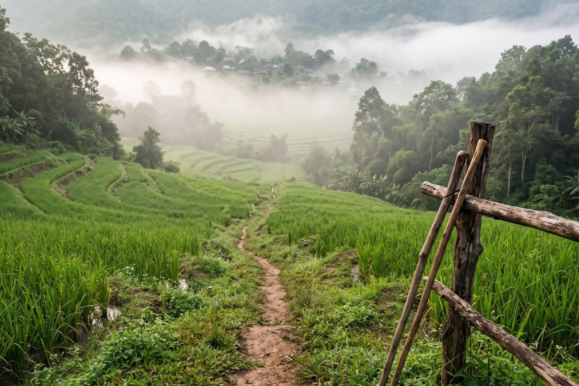 Rural rice terraces with a path leading to a misty mountain village.