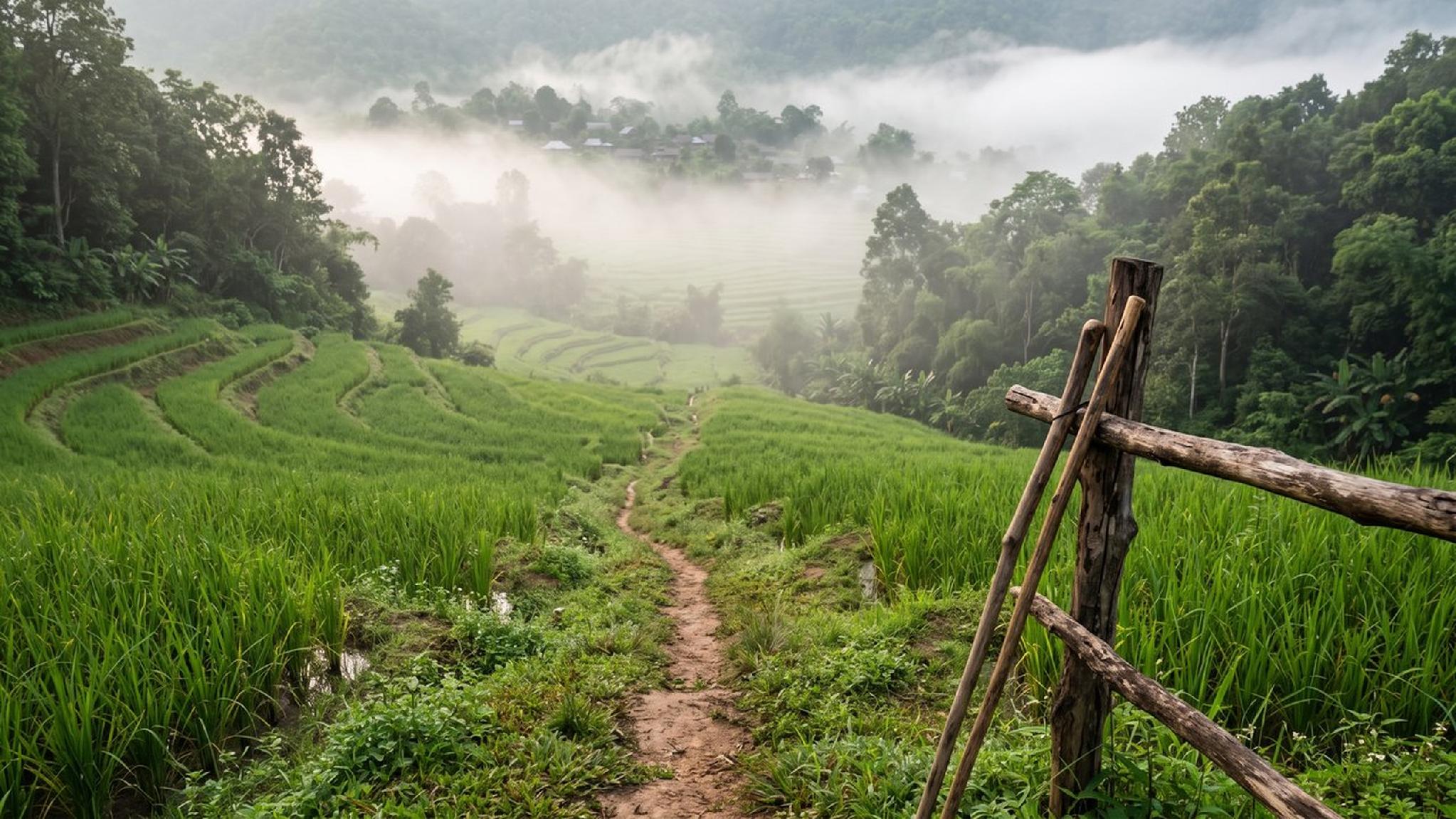 Rural rice terraces with a path leading to a misty mountain village.