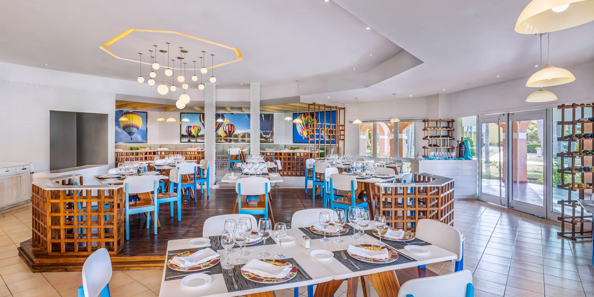 a room with tables and chairs