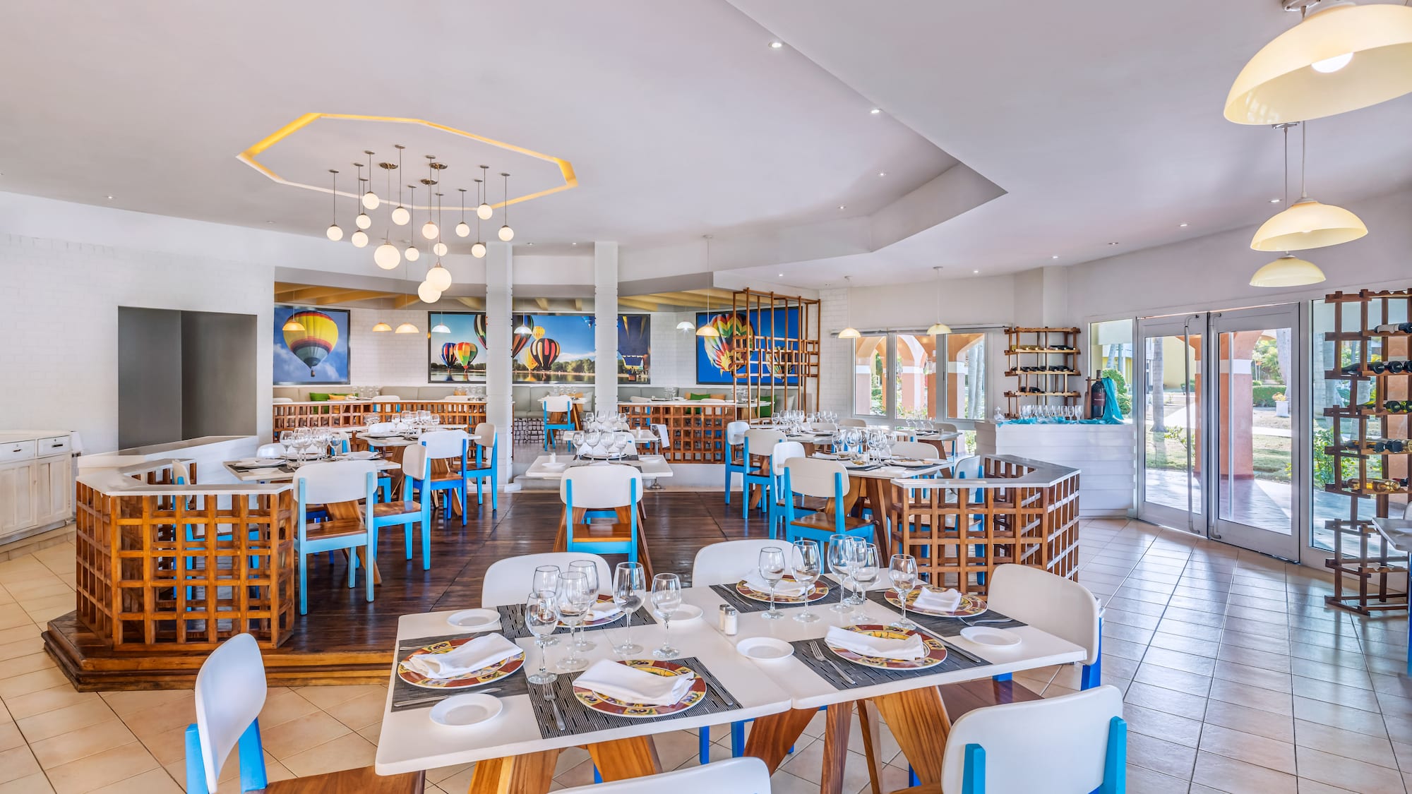 a room with tables and chairs