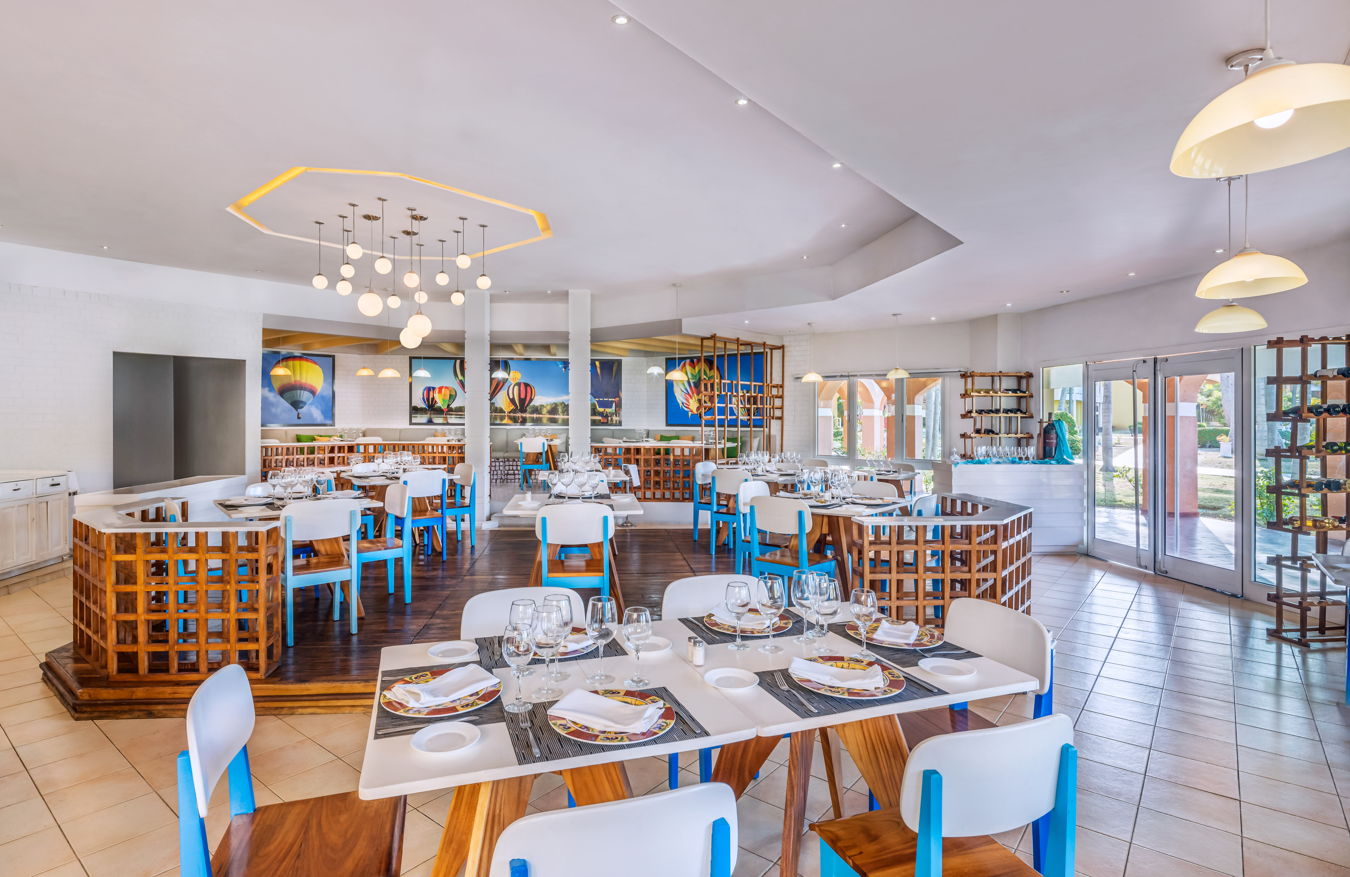 a room with tables and chairs