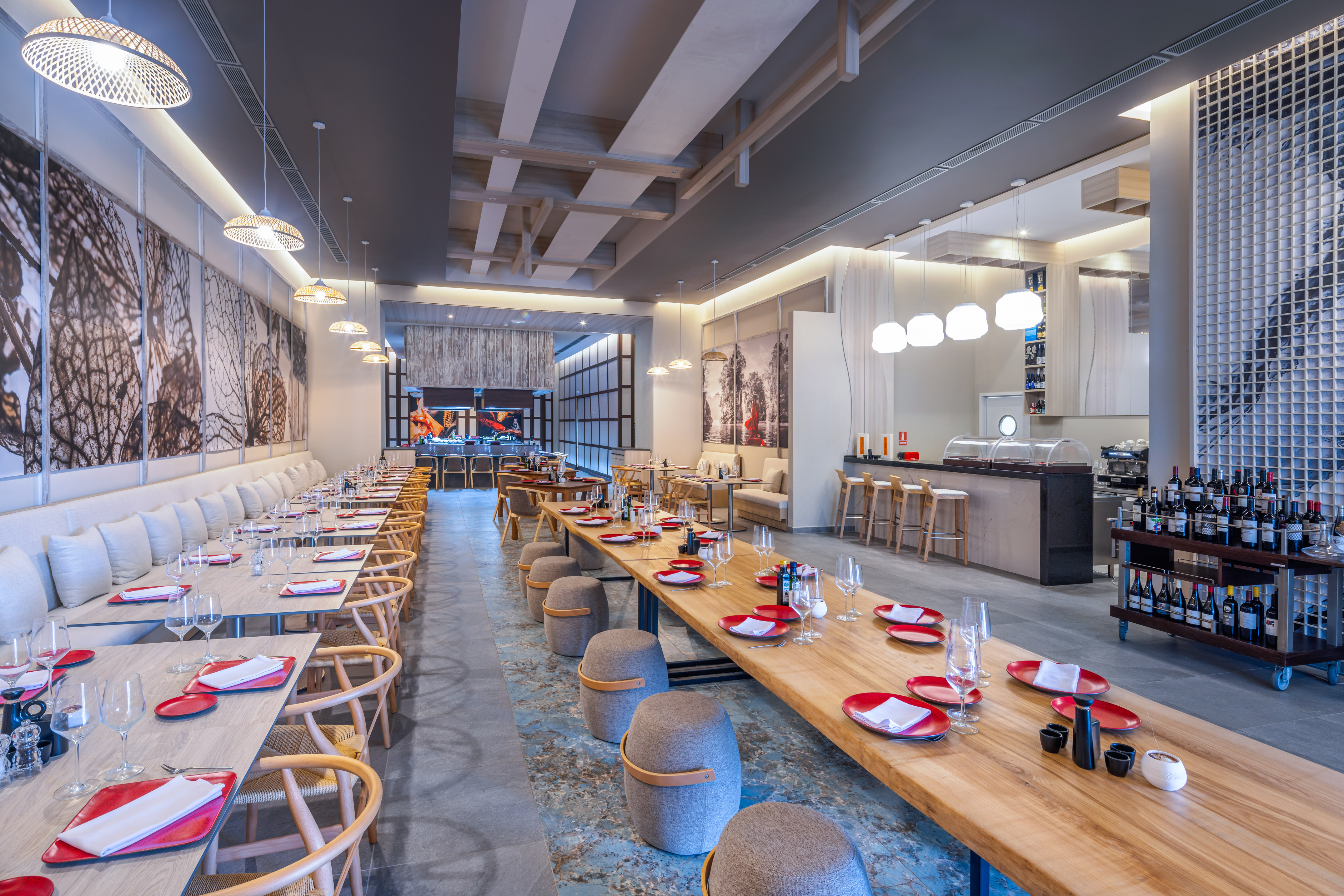 a restaurant with tables and chairs