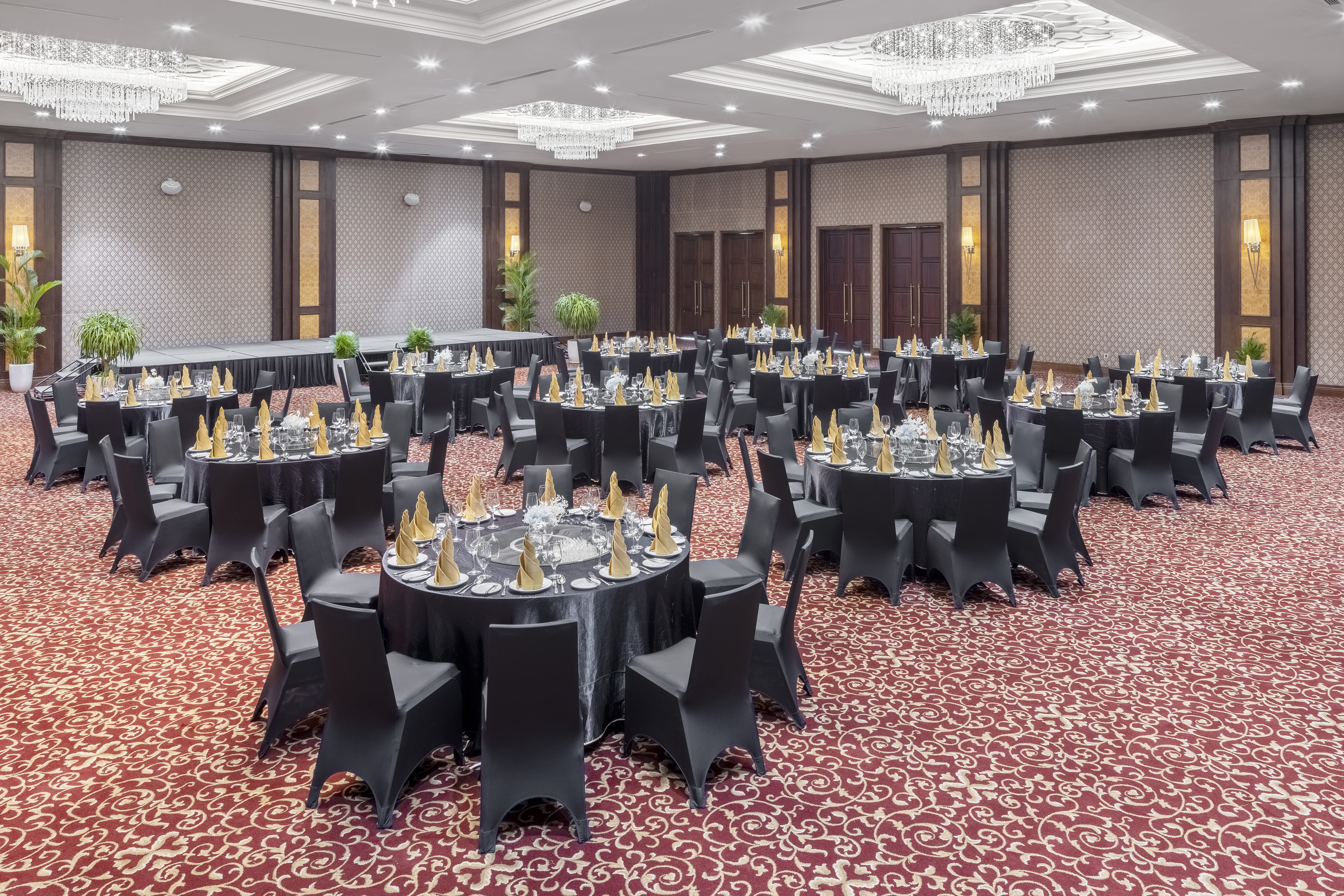 a large room with tables and chairs