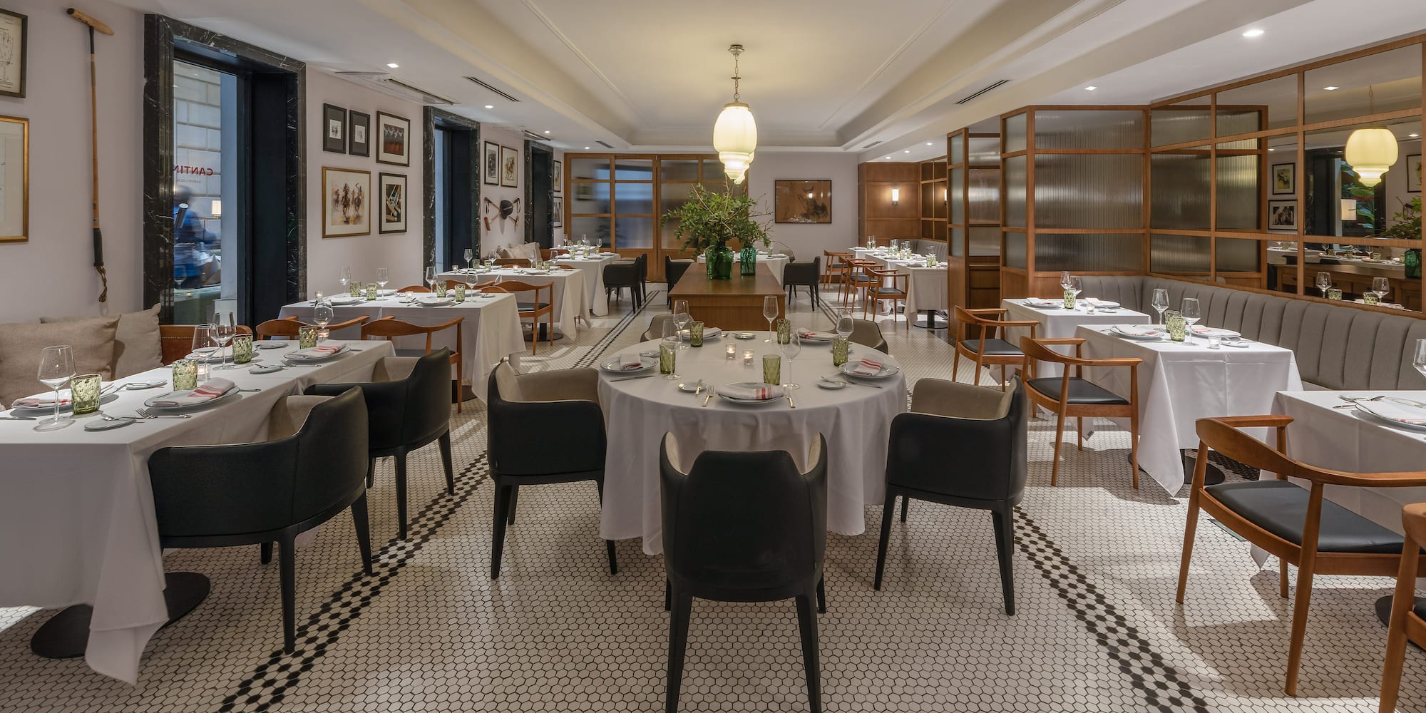 a room with tables and chairs