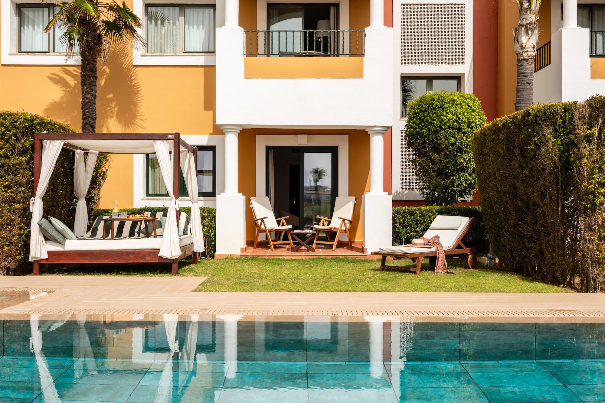 a pool in front of a building