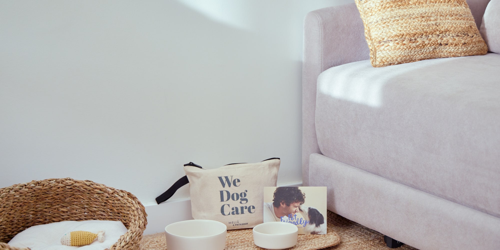 a dog bowl and cat bed on the floor