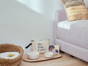 a dog bowl and cat bed on the floor