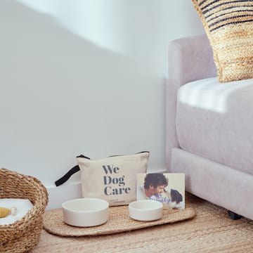 a dog bowl and cat bed on the floor