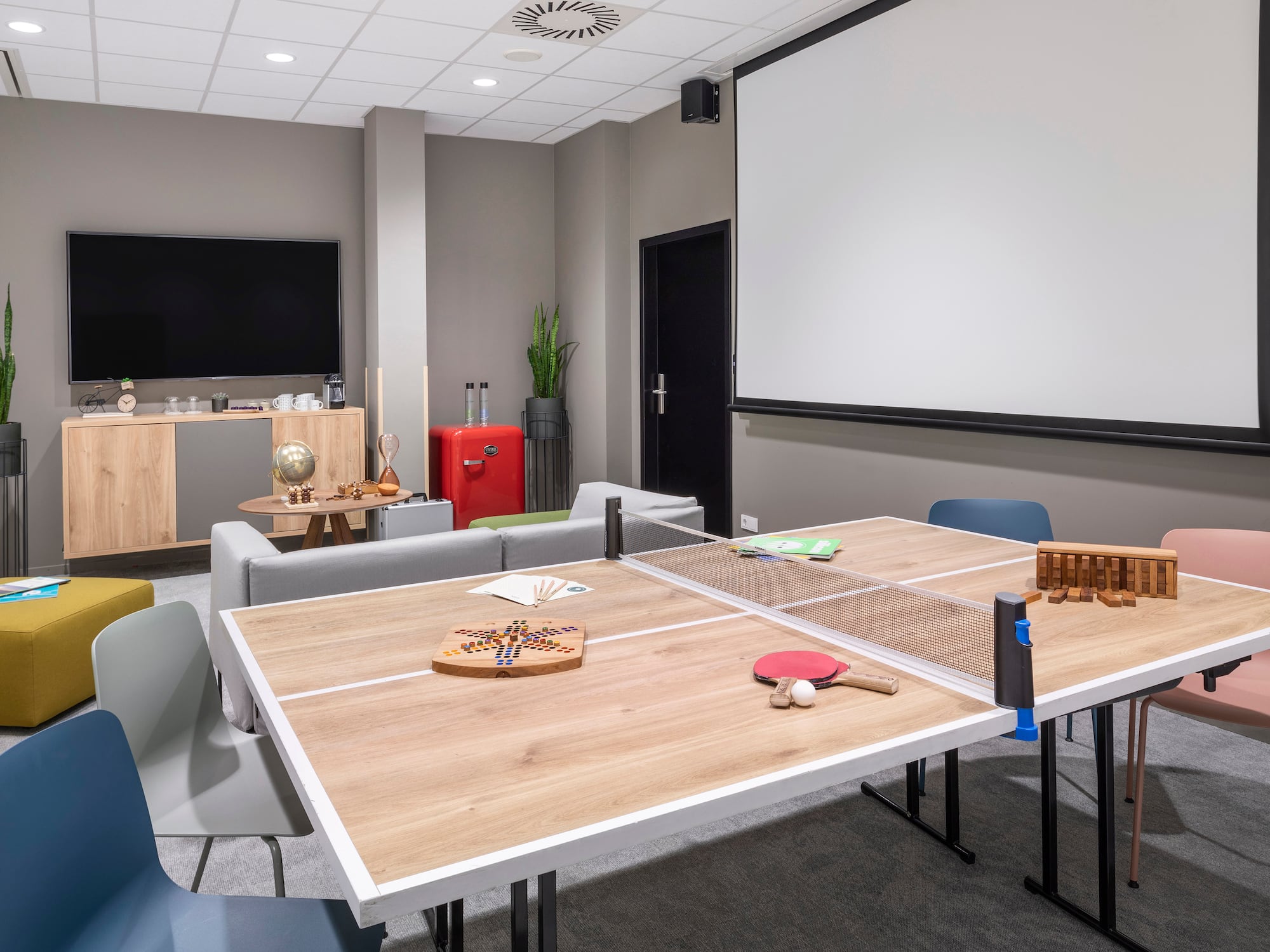 a table tennis in a room