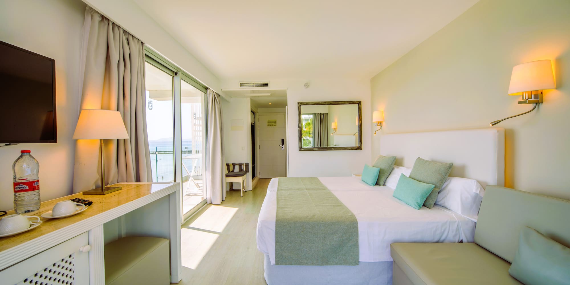 a room with a bed and a table