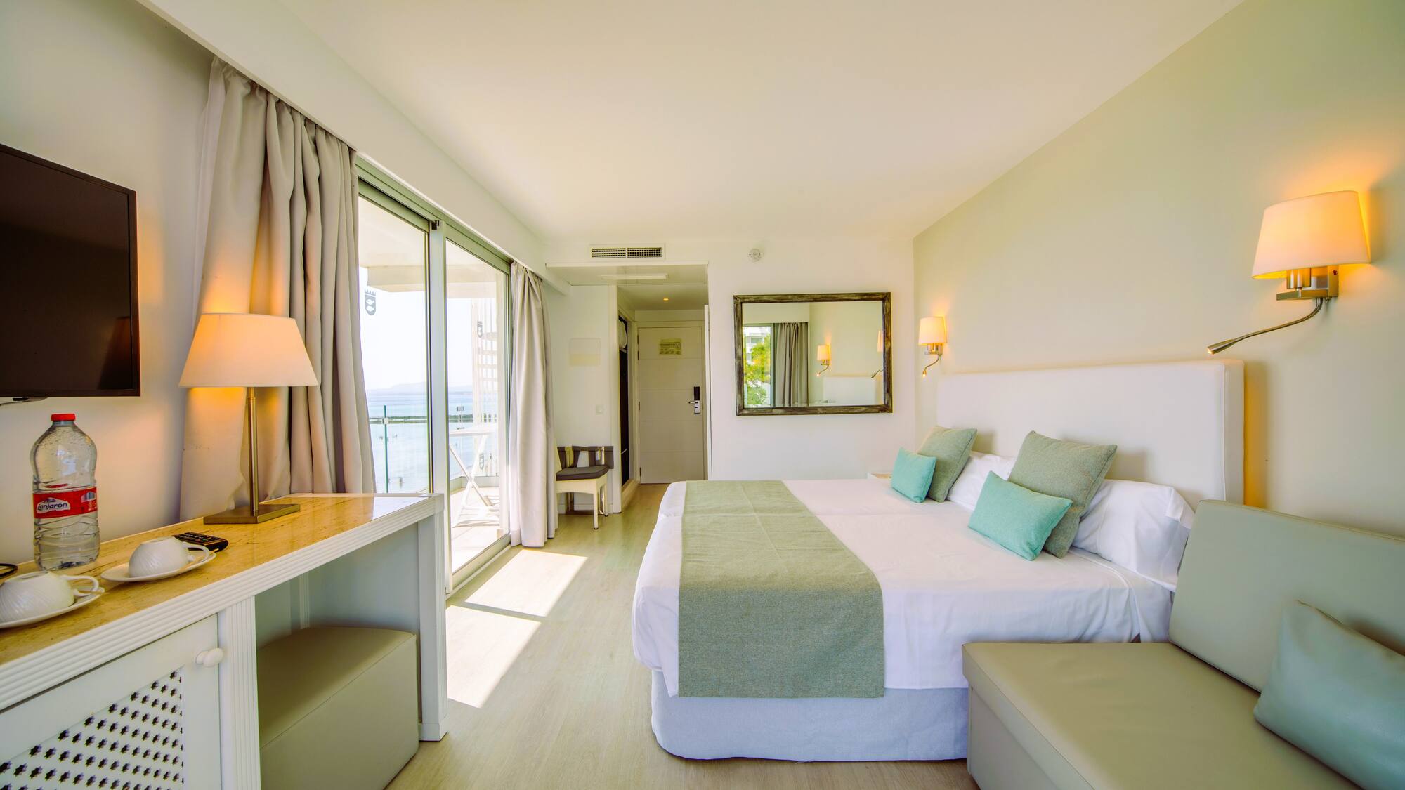 a room with a bed and a table