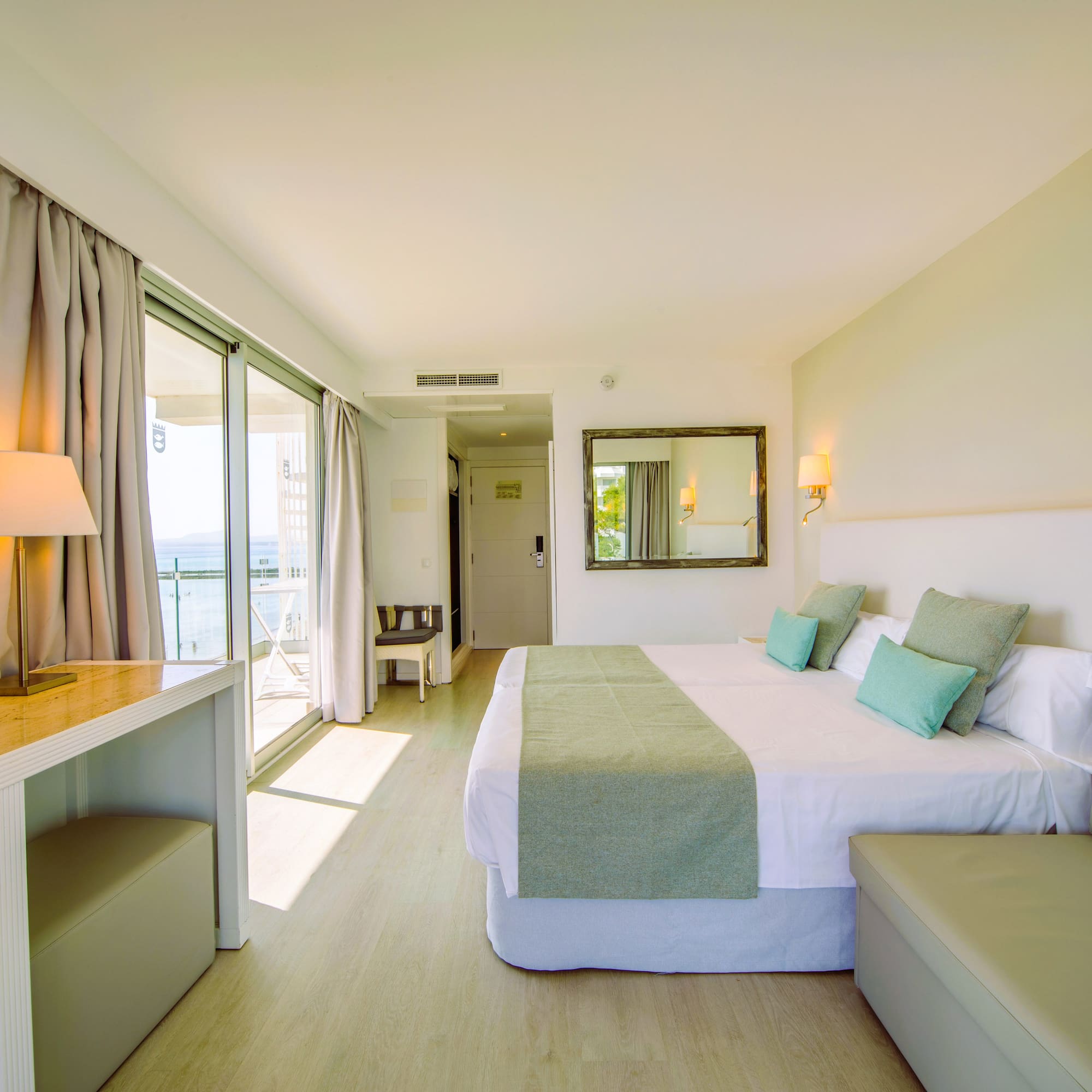 a room with a bed and a table