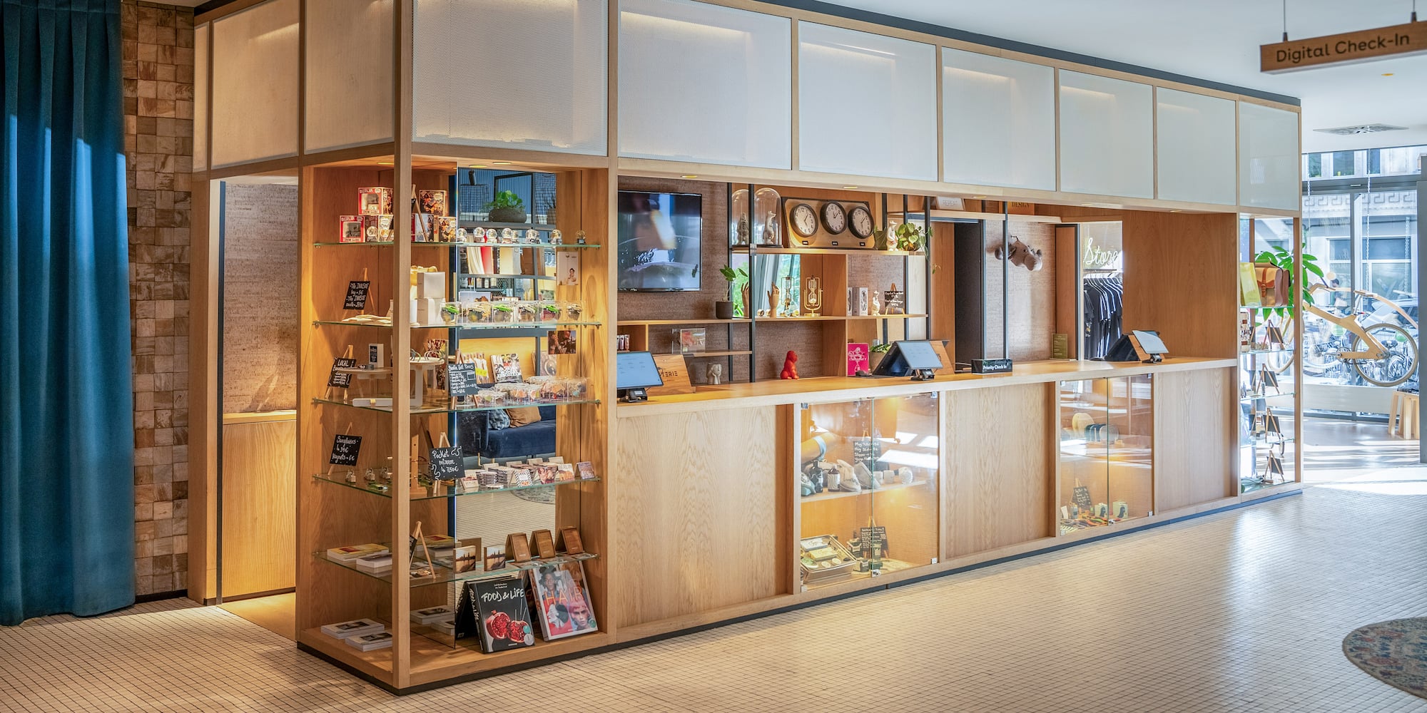 a display case with shelves and a television on it