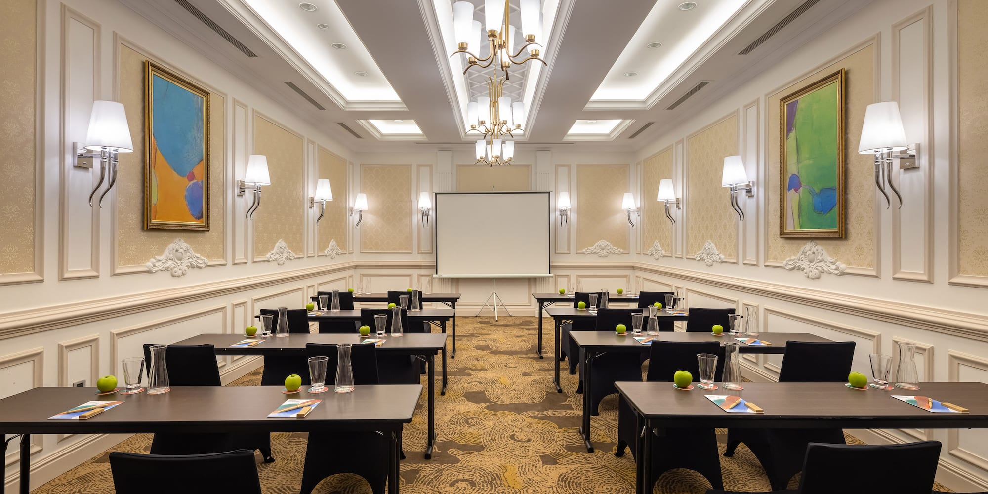 a room with tables and chairs