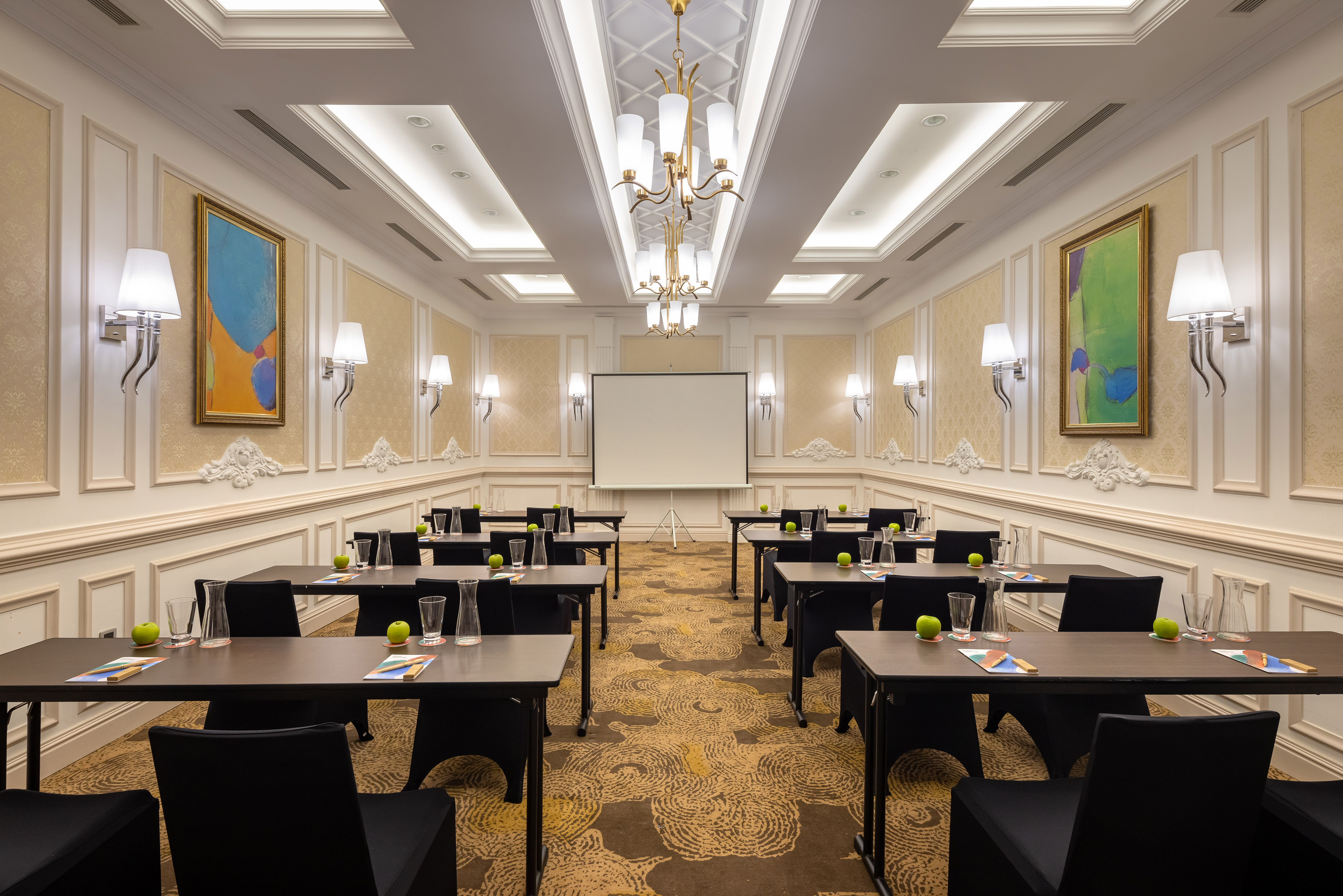 a room with tables and chairs