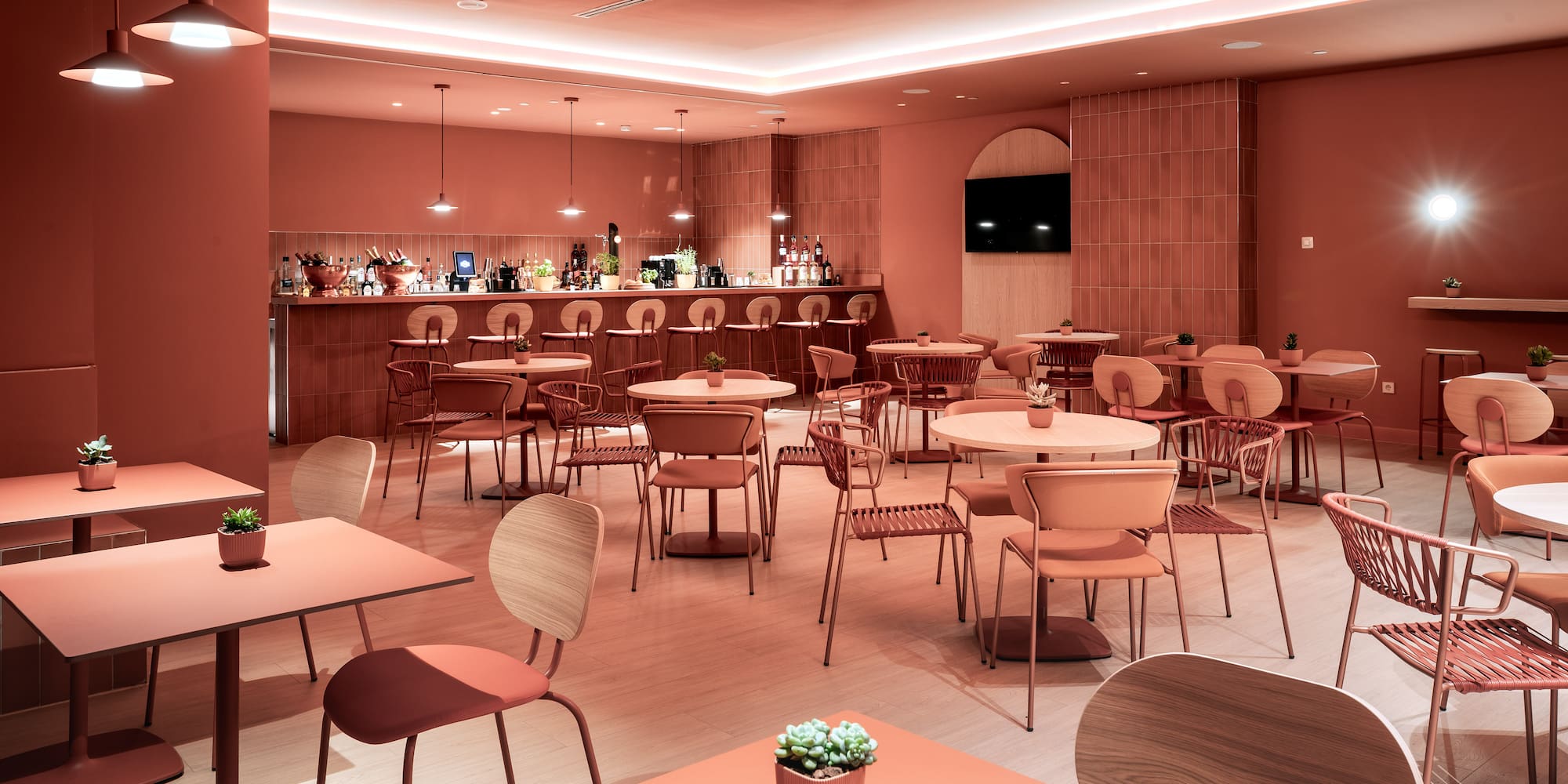 a room with tables and chairs